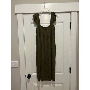 Women’s Olive Green Midi dress Sz Medium pockets Prairie Cottagecore Boho Ruffle